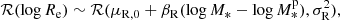 $$ \begin{aligned} \mathcal{R} (\log {R_{\rm e}}) \sim \mathcal{R} (\mu _{\mathrm{R} ,0} + \beta _{\rm R}(\log {M_*} - \log {M_*^\mathrm{p}}),\sigma _{\rm R}^2), \end{aligned} $$