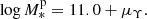 $$ \begin{aligned} \log {M_*^\mathrm{p}} = 11.0 + \mu _{\Upsilon }. \end{aligned} $$