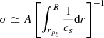 $$ \begin{aligned} \sigma \simeq A \left[\int _{r_{p_{\ell }}}^{R} \frac{1}{c_{\rm s}} \mathrm{d}r\right]^{-1} \end{aligned} $$