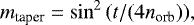 \begin{equation*} m_{\textrm{taper}} = \sin^2{(t/(4 n_{\textrm{orb}})),}\end{equation*}