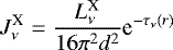 \begin{equation*}J_{\nu}^{\textrm{X}}=\frac{L_{\nu}^{\textrm{X}}}{16\pi^2d^2}\textrm{e}^{-\tau_{\nu}(r)}\end{equation*}