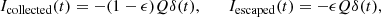 $$ \begin{aligned} I_{\rm collected}(t) = - (1-\epsilon ) Q \delta (t), \qquad I_{\rm escaped}(t) = - \epsilon Q \delta (t), \end{aligned} $$