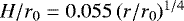 $H / r_0 = 0.055 \, (r / r_0)^{1/4}$