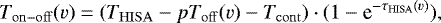 \begin{equation*}T_{\mathrm{on-off}}(v) = (T_{\mathrm{HISA}}-pT_{\mathrm{off}}(v)-T_{\mathrm{cont}})\cdot(1-\textrm{e}^{-\tau_{\mathrm{HISA}}(v)}),\end{equation*}