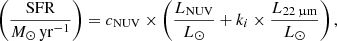 $$ \begin{aligned} \left(\frac{\mathrm{SFR} }{{M_\odot }\, \mathrm{yr} ^{-1}}\right) = c_{\rm NUV} \times \left(\frac{L_{\rm NUV}}{L_\odot } + k_i \times \frac{L_{22\, \upmu \mathrm m}}{L_\odot }\right), \end{aligned} $$