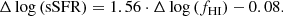 $$ \begin{aligned} \Delta \log \left(\mathrm{sSFR} \right) = 1.56 \cdot \Delta \log \left(f_{\mathrm{HI} }\right) - 0.08. \end{aligned} $$