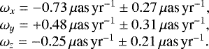 \begin{equation*}\begin{array}{@{}l}\omega_x = -0.73\,{\mu {\textrm{as}}\,\textrm{yr}^{-1}} \pm 0.27 \,{\mu {\textrm{as}}\,\textrm{yr}^{-1}}, \\\omega_y = +0.48\,{\mu {\textrm{as}}\,\textrm{yr}^{-1}} \pm 0.31 \,{\mu {\textrm{as}}\,\textrm{yr}^{-1}}, \\\omega_z = -0.25\,{\mu {\textrm{as}}\,\textrm{yr}^{-1}} \pm 0.21 \,{\mu {\textrm{as}}\,\textrm{yr}^{-1}}.\end{array}\end{equation*}
