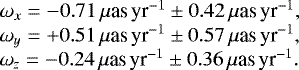 \begin{equation*}\begin{array}{@{}l}\omega_x = -0.71\,{\mu {\textrm{as}}\,\textrm{yr}^{-1}} \pm 0.42 \,{\mu {\textrm{as}}\,\textrm{yr}^{-1}}, \\\omega_y = +0.51\,{\mu {\textrm{as}}\,\textrm{yr}^{-1}} \pm 0.57 \,{\mu {\textrm{as}}\,\textrm{yr}^{-1}}, \\\omega_z = -0.24\,{\mu {\textrm{as}}\,\textrm{yr}^{-1}} \pm 0.36 \,{\mu {\textrm{as}}\,\textrm{yr}^{-1}}.\end{array}\end{equation*}