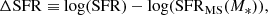 $$ \begin{aligned} \Delta \mathrm{SFR} \equiv \log (\mathrm{SFR}) - \log (\mathrm{SFR}_{\rm MS}(M_*)), \end{aligned} $$