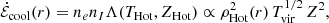 $$ \begin{aligned} \dot{\mathcal{E} }_{\rm cool}(r) = n_e n_I \Lambda (T_{\rm Hot}, Z_{\rm Hot}) \propto \rho ^{2}_{\rm Hot}(r) \, T_{\rm vir}^{1/2} \, Z^{2}, \end{aligned} $$
