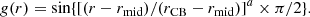 $$ \begin{aligned} g(r)=\mathrm{sin}\{ [(r - r_{\rm mid})/(r_{\rm CB} - r_{\rm mid})]^a \times \pi /2\}. \end{aligned} $$