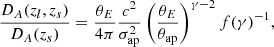 $$ \begin{aligned} \frac{D_{A}(z_l,z_s)}{D_{A}(z_s)} = \frac{\theta _E}{4 \pi } \frac{c^2}{\sigma _{\rm ap}^2} \left( \frac{\theta _E}{\theta _{\rm ap}} \right)^{\gamma -2} f(\gamma )^{-1} , \end{aligned} $$