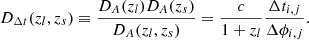 $$ \begin{aligned} D_{{\Delta t}}(z_l, z_s) \equiv \frac{D_{A}(z_l) D_{A}(z_s)}{D_{A}(z_l, z_s)}=\frac{c}{1+z_l}\frac{\Delta t_{i,j}}{\Delta \phi _{i,j}}. \end{aligned} $$
