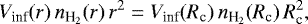 \begin{equation*}V_{\textrm{inf}}(r)\, n_{\textrm{H}_2}(r) \, r^2 = V_{\textrm{inf}}(R_{\textrm{c}})\, n_{\textrm{H}_2}(R_{\textrm{c}}) \,R_{\textrm{c}}^2,\end{equation*}