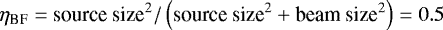 $\eta_{\text{BF}} = \text{source size}^{2} / \left(\text{source size}^{2} + \text{beam size}^{2} \right) = 0.5$