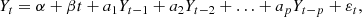 $$ \begin{aligned} Y_t = \alpha +\beta t+a_1Y_{t-1}+a_2Y_{t-2}+ \ldots +a_pY_{t-p}+\varepsilon _t, \end{aligned} $$