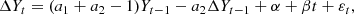 $$ \begin{aligned} \Delta Y_t = (a_1+a_2-1)Y_{t-1}-a_2\Delta Y_{t-1}+\alpha +\beta t+\varepsilon _t, \end{aligned} $$