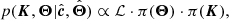 $$ \begin{aligned} p(\boldsymbol{K},\boldsymbol{\Theta }|\hat{\boldsymbol{c}},\hat{\boldsymbol{\Theta }}) \propto {\mathcal{L} }\cdot \pi (\boldsymbol{\Theta })\cdot \pi (\boldsymbol{K}), \end{aligned} $$