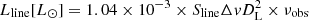 $ L_{\mathrm{line}} [L_{\odot}] = 1.04 \times 10^{-3} \times S_{\mathrm{line}} \Delta \mathit{v} D^{2}_{\mathrm{L}} \times \nu_{\mathrm{obs}} $