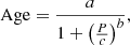 $$ \begin{aligned} \mathrm{Age} = \frac{a}{1 + { \left(\frac{P}{c}\right)^b}}, \end{aligned} $$
