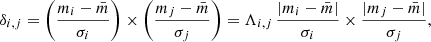 $$ \begin{aligned} \delta _{i,j} = \left( \frac{m_{i}-\bar{m}}{\sigma _{i}} \right) \times \left( \frac{m_{j}-\bar{m}}{\sigma _{j}} \right) = \Lambda _{i,j} \, \frac{|m_{i}-\bar{m}|}{\sigma _{i}} \times \frac{|m_{j}-\bar{m}|}{\sigma _{j}}, \end{aligned} $$