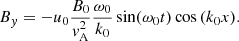 $$ \begin{aligned} B_{ y}&=-u_0 \frac{B_0}{{ v}_{\mathrm{A} }^2}\frac{\omega _0}{k_0} \sin (\omega _0 t) \cos {(k_0 x)}. \end{aligned} $$