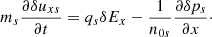 $$ \begin{aligned} m_s\frac{\partial \delta u_{x s}}{\partial t}=q_s \delta E_x-\frac{1}{n_{0s}}\frac{\partial \delta p_s}{\partial x}\cdot \end{aligned} $$