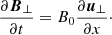 $$ \begin{aligned} \frac{\partial {{\boldsymbol{B}}_{\perp }}}{\partial t}=B_0 \frac{\partial {{\boldsymbol{u}}_{\perp }}}{\partial x}\cdot \end{aligned} $$