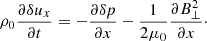 $$ \begin{aligned} \rho _0\frac{\partial {\delta u_x}}{\partial t}=-\frac{\partial \delta p}{\partial x}-\frac{1}{2 \mu _0} \frac{\partial {B_{\perp }^2}}{\partial x}\cdot \end{aligned} $$