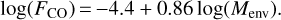 $\log \left({{F_{{\rm{CO}}}}} \right) = - 4.4 + 0.86\,\log \left({{M_{{\rm{env}}}}} \right).$