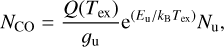 ${N_{{\rm{CO}}}} = {{Q\left({{T_{{\rm{ex}}}}} \right)} \over {{g_{\rm{u}}}}}{{\rm{e}}^{\left({{E_{\rm{u}}}/{k_{\rm{B}}}{T_{{\rm{ex}}}}} \right)}}{N_{\rm{u}}},$