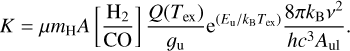 $K = \mu {m_{\rm{H}}}A\left[ {{{{{\rm{H}}_2}} \over {{\rm{CO}}}}} \right]{{Q\left({{T_{{\rm{ex}}}}} \right)} \over {{g_{\rm{u}}}}}{{\rm{e}}^{\left( {{E_{\rm{u}}}/{k_{\rm{B}}}{T_{{\rm{ex}}}}} \right)}}{{8\pi {k_{\rm{B}}}{v^2}} \over {h{c^3}{A_{{\rm{u1}}}}}}.$