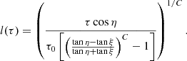 $$ \begin{aligned} l(\tau ) = \left(\frac{\tau \cos \eta }{\tau _0 \large \left[\large \left(\frac{\tan \eta - \tan \xi }{\tan \eta + \tan \xi }\large \right)^C -1 \large \right]} \right)^{1/C}. \end{aligned} $$