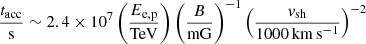 $$ \begin{aligned} \frac{t_{\rm acc}}{\mathrm{s}} \sim 2.4\times 10^7 \left(\frac{E_{\rm e,p}}{\mathrm{TeV}}\right) \left(\frac{B}{\mathrm{mG}}\right)^{-1} \left(\frac{{v}_{\rm sh}}{1000\,\mathrm{km\,s^{-1}}}\right)^{-2} \end{aligned} $$