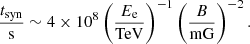 $$ \begin{aligned} \frac{t_{\rm syn}}{\mathrm{s}} \sim 4\times 10^8 \left(\frac{E_{\rm e}}{\mathrm{TeV}}\right)^{-1} \left(\frac{B}{\mathrm{mG}}\right)^{-2}. \end{aligned} $$