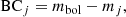 $$ \begin{aligned} \mathrm{BC} _{j} = m_{\rm bol} - m_{j} , \end{aligned} $$