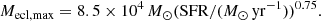 $$ \begin{aligned} M_{\rm ecl,max} = 8.5 \times 10^4\,M_{\odot } (\mathrm{SFR}/(M_{\odot }\,\mathrm{yr}^{-1}))^{0.75}. \end{aligned} $$
