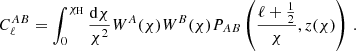 $$ \begin{aligned} C_\ell ^{AB} = \int _0^{\chi _\mathrm{H} } \frac{\mathrm{d} \chi }{\chi ^2}W^A(\chi )W^B(\chi ) P_{AB}\left(\frac{\ell +\frac{1}{2}}{\chi }, z(\chi )\right)\,. \end{aligned} $$
