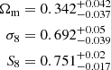 $$ \begin{aligned} {\Omega _\mathrm{m} }&= 0.342^{+0.042}_{-0.037}\, \nonumber \\ \sigma _8&= 0.692^{+0.05}_{-0.039}\, \nonumber \\ S_8&= 0.751^{+0.02}_{-0.017}\, \end{aligned} $$