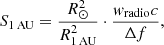 $$ \begin{aligned} S_{\rm 1\,AU} = \frac{R_{\odot }^{2}}{R_{\rm 1\,AU}^{2}} \cdot \frac{{ w}_{\rm radio}c}{\Delta f}, \end{aligned} $$