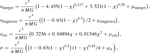$$ \begin{aligned}&\nu _\mathrm{merger} = \frac{c^3}{\pi M G} \left(1 - 4.455(1-\chi )^{0.217} + 3.521 (1-\chi )^{0.26} + \mu _\mathrm{merger} \right) , \nonumber \\&\nu _\mathrm{ringdown} = \frac{c^3}{\pi M G} \left(\left(1-0.63(1-\chi )^{0.3}\right)/2 + \mu _\mathrm{ringdown} \right) ,\nonumber \\&\nu _\mathrm{cut} = \frac{c^3}{\pi M G} \left(0.3236 + 0.04894\chi + 0.01346 \chi ^2 + \mu _\mathrm{cut} \right) , \nonumber \\&\sigma = \frac{c^3}{\pi M G} \left( \left(1-0.63(1-\chi )^{0.3}\right)(1-\chi )^{0.45}/4 + \mu _\mathrm \sigma \right), \end{aligned} $$