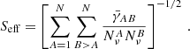 $$ \begin{aligned} S_{\text{eff}}=\left[\sum _{A=1}^N \sum _{B>A}^N \frac{\bar{\gamma }_{AB}}{N_{\nu }^A N_{\nu }^B}\right]^{-1/2}\,. \end{aligned} $$