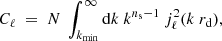 $$ \begin{aligned} C_{\ell }\ =\ N\ \int _{k_{\rm min}}^{\infty }\mathrm{d}k\ k^{n_{\rm s}-1}\ j_{\ell }^2(k\ r_{\rm d}), \end{aligned} $$