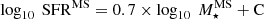 $ \log_{10}\ \mathrm{SFR}^{\mathrm{MS}}=0.7\times \log_{10}\ M^{\mathrm{MS}}_\star + \mathrm{C} $