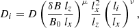 $$ \begin{aligned} D_{i} = D\left(\frac{\delta B}{B_{0}}\frac{l_{z}}{l_{x}}\right)^{\mu } \frac{l_{x}^{2}}{l_{z}} \left(\frac{l_{i}}{l_{x}}\right)^{\nu }, \end{aligned} $$