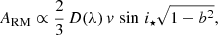 $$ \begin{aligned} A_{\rm RM} \propto \frac{2}{3}\,D(\lambda )\,{ v}\,\sin \,i_\star \sqrt{1-b^2}, \end{aligned} $$