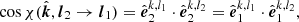$$ \begin{aligned} \cos \chi (\hat{\boldsymbol{k}}, \boldsymbol{l}_2 \rightarrow \boldsymbol{l}_1)&= \hat{\boldsymbol{e}}_2^{k,l_1}\cdot \hat{\boldsymbol{e}}_2^{k,l_2}=\hat{\boldsymbol{e}}_1^{k,l_1}\cdot \hat{\boldsymbol{e}}_1^{k,l_2}, \end{aligned} $$