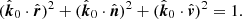 $$ \begin{aligned} (\hat{\boldsymbol{k}}_0 \cdot \hat{\boldsymbol{r}})^2 + (\hat{\boldsymbol{k}}_0 \cdot \hat{\boldsymbol{n}})^2 + (\hat{\boldsymbol{k}}_0 \cdot \hat{\boldsymbol{v}})^2 = 1. \end{aligned} $$