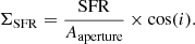 $$ \begin{aligned} \Sigma _{\rm SFR} = \frac{\mathrm{SFR}}{A_{\rm aperture}}\times \cos (i). \end{aligned} $$