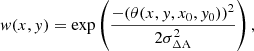 $$ \begin{aligned} w(x,y) = \exp \left(\frac{-(\theta (x,y,x_{0},y_{0}))^{2}}{2 \sigma ^{2}_{\rm \Delta A}}\right), \end{aligned} $$